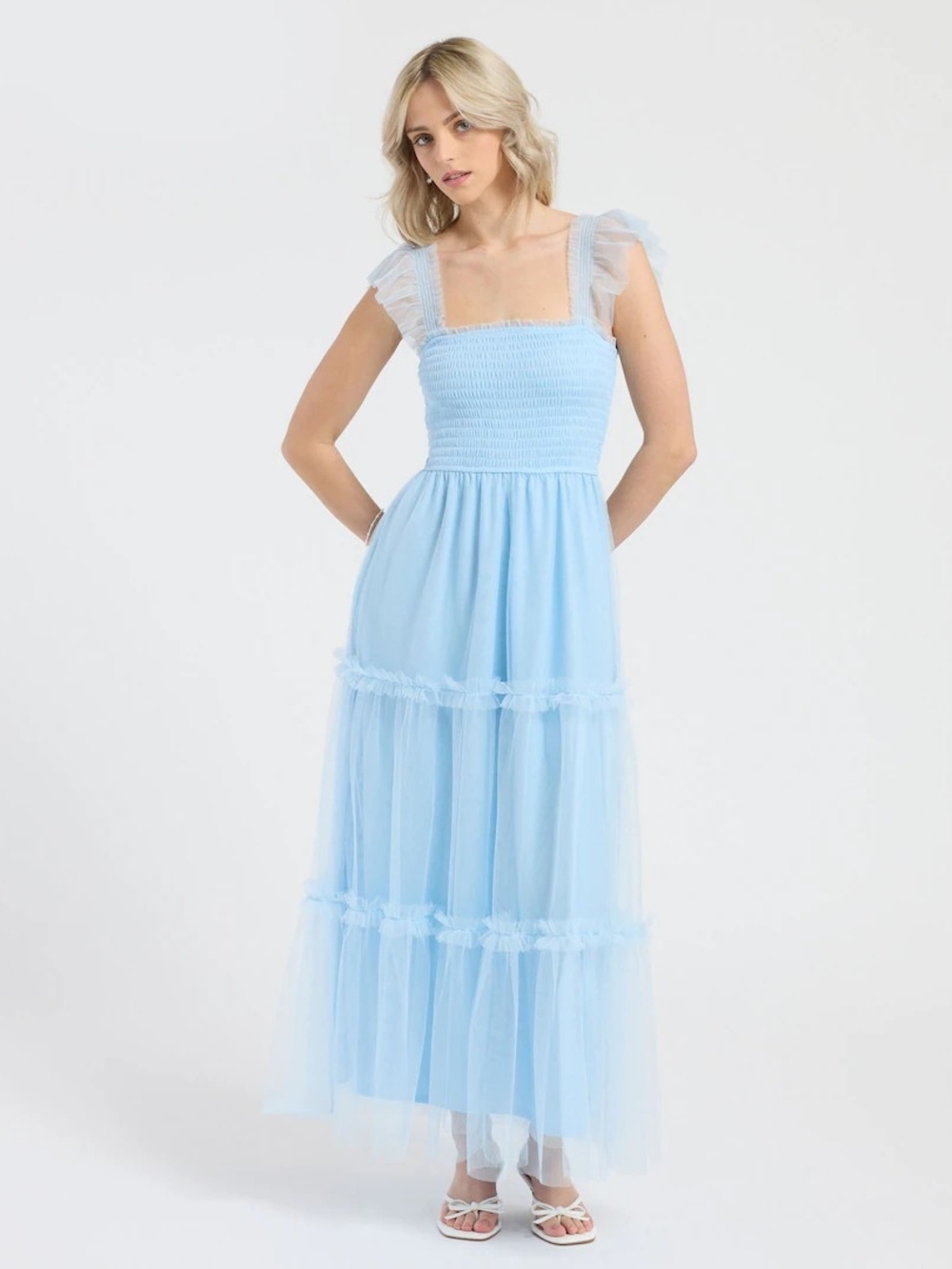 Light Blue Ruffle Strap Maxi Dress